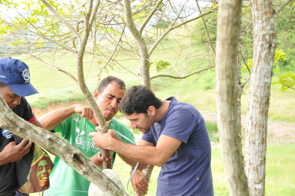 O estudante Éber Dourado e o viveirista Mácio Oliveira trabalham na quantificação de carbono de área reflorestada pelo Gambá